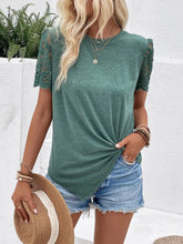 Perfee Lace Detail Short Sleeve Round Neck T-Shirt Turquoise
