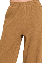 Tan heathered cotton slub wide leg pants with an elastic waistband by zenana for comfortable wear