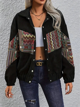 Embroidered Collared Neck Snap Down Jacket Black