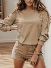 Lace Detail Round Neck Long Sleeve T-Shirt Camel