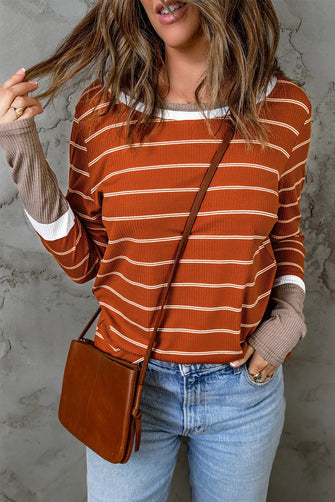 Striped Round Neck Long Sleeve T-Shirt Orange