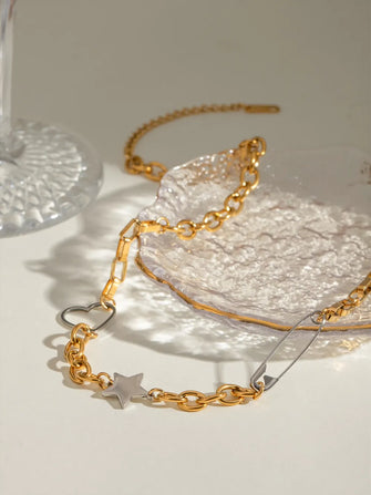 Stainless Steel Star Heart Necklace Gold One Size