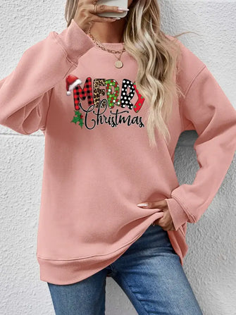 MERRY CHRISTMAS Round Neck Dropped Shoulder Sweatshirt Blush Pink Woman Sweatshirts