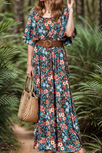 Tied Printed Round Neck Half Sleeve Dress Floral