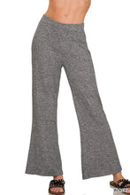 Gray heathered flare pants with soft elastic waisted high-rise fit made from stretchy comfortable fabric by Zenana