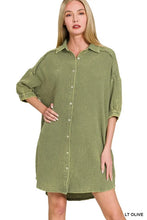 Zenana Washed Double Gauze Button Down Shirt Dress LT OLIVE