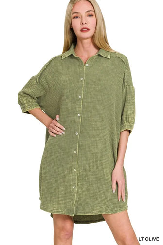 Zenana Washed Double Gauze Button Down Shirt Dress LT OLIVE