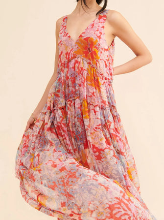 Printed V-Neck Sleeveless Dress Strawberry