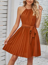 Pleated Tie Waist Sleeveless Mini Dress Terracotta Casual Dresses