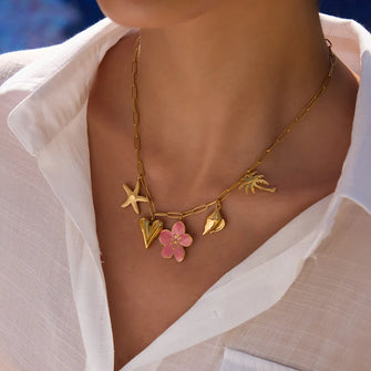 Beach Theme Pendant Necklace with Resin Flower Gold One Size