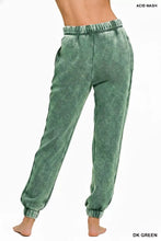 Dark green zenana acid wash fleece sweatpants with elastic waistband and cuffed hems featuring pockets