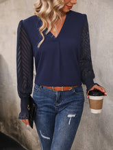 Perfee V-Neck Long Mesh Sleeve Top Woman Blouses