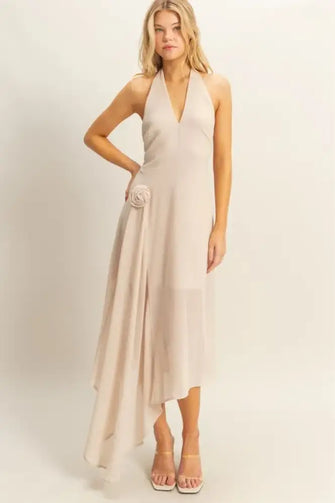 HYFVE Chiffon Halter Asymmetrical Hem Dress CHAMPAGNE Casual Dresses
