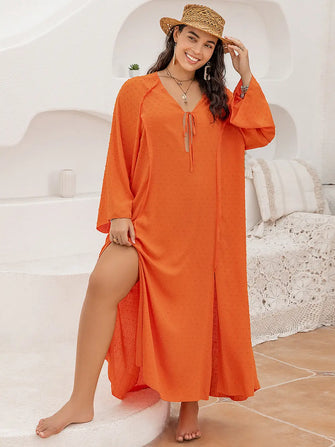 Plus Size Tie Neck Long Sleeve Slit Dress Orange