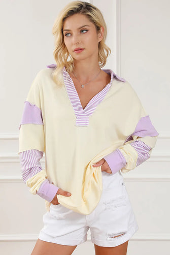 Striped Contrast Johnny Collar Dropped Shoulder Sweatshirt Light Yellow Woman Sweatshirts