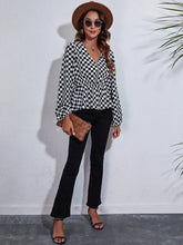 Checkered V-Neck Balloon Sleeve Peplum Blouse Woman Blouses