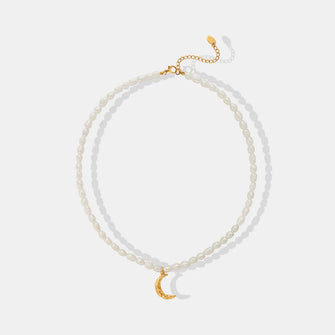 Pearl Titanium Steel Moon Shape Pendant Necklace Gold One Size