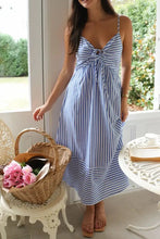 Smocked Back Striped Sleeveless Midi Dress Blue Casual Dresses