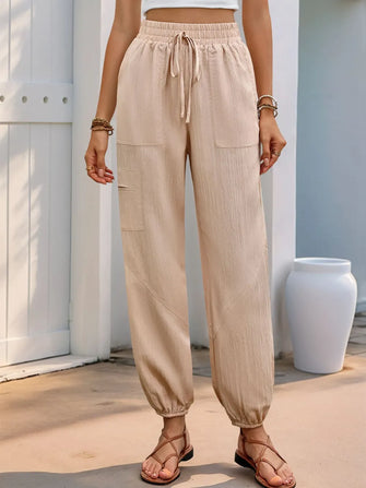 Perfee Elastic Waist Joggers with Pockets Tan