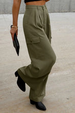 Olive green high-waisted ruched wide leg cargo pants with pleats and side pockets for casual wear