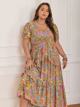 Plus Size Printed V-Neck Short Sleeve Maxi Dress Maxi Dresses