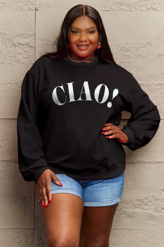 Simply Love Full Size CIAO！Round Neck Sweatshirt Black Woman Sweatshirts