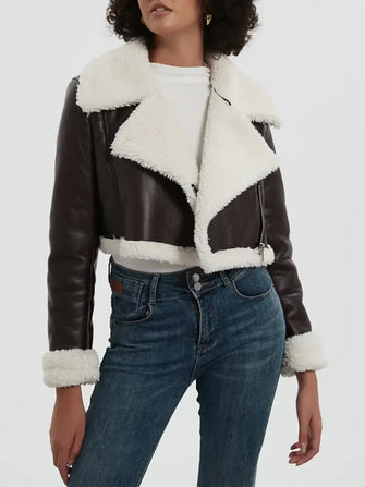 Collared Neck Long Sleeve Plush Cropped Jacket Chocolate Woman Outerwear