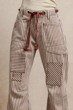 BiBi drawstring striped twill barrel pants with brown beige vertical stripes and diagonal patchwork panels