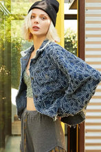 POL Flower Textured Raw Hem Long Sleeve Denim Jacket Woman Outerwear