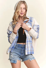 ADORA Button Down Plaid Hoodie Shacket BLUE IVORY Woman Outerwear