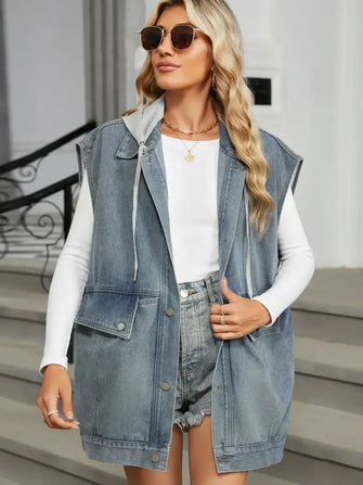 Removable Hood Button Up Cap Sleeve Denim Jacket Light Casual Dresses