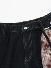 Men's Wide-Leg Denim Shorts with Plaid Accent