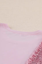 Pink sequin round neck sleeveless tank bodysuit with mesh panels