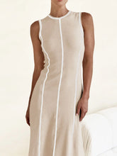 Contrast Stitching Round Neck Sleeveless Midi Dress Tan