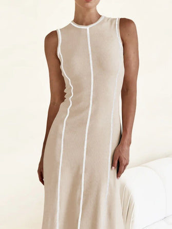Contrast Stitching Round Neck Sleeveless Midi Dress Tan