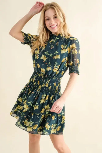 And The Why Floral Print Smocked Waist Mini Dress Hunter Green Casual Dresses