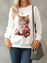 Cat Round Neck Long Sleeve Sweatshirt Ivory Woman Sweatshirts