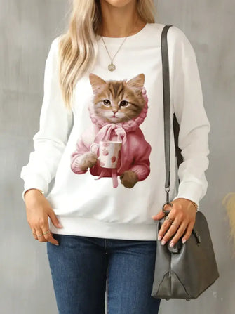 Cat Round Neck Long Sleeve Sweatshirt Ivory Woman Sweatshirts