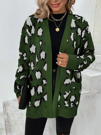 Leopard Open Front Dropped Shoulder Cardigan Army Green