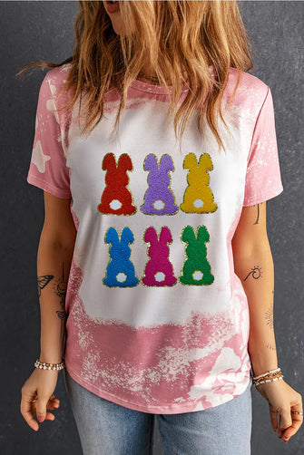Rabbit Round Neck Short Sleeve T-Shirt Blush Pink