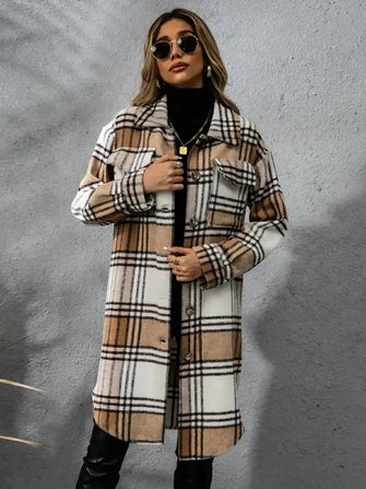 Plaid Collared Neck Long Sleeve Coat Camel Woman Outerwear