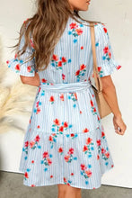 Stripe Floral Pattern Ruffle Short Sleeve Belted Mini Dress Woman Casual Dress