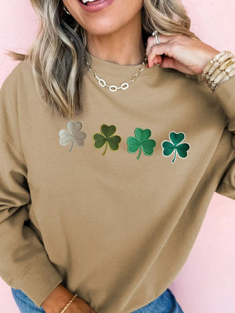 Embroidered Clover Pattern Round Neck Sweatshirt Camel