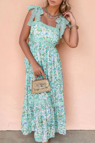 Lace Detail Square Neck Floral Dress Turquoise Casual Dresses