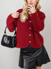 Bow Button Down Round Neck Long Sleeve Cardigan Woman Outerwear