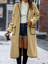 Full Size Contrast Trim Long Sleeve Coat with Pockets Camel Woman Outerwear
