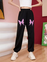 Black butterfly casual sweatpants with pink butterfly embroidery on thighs for stylish casual wear