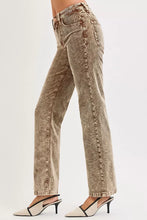 Tan corduroy pants with tummy control mid rise and straight leg cut featuring visible stitching along seams