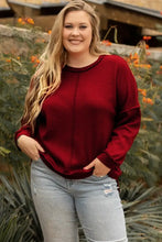 Plus Size Exposed Seam Waffle-Knit High-Low Sweatshirt Burgundy Woman Sweatshirts