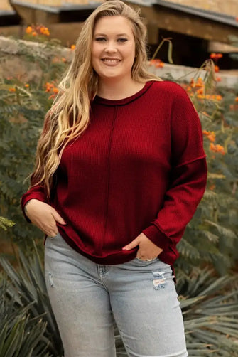 Plus Size Exposed Seam Waffle-Knit High-Low Sweatshirt Burgundy Woman Sweatshirts